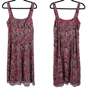Vintage Lauren Silk Midi‎ Dress 12 Pink Purple Paisley Sheer Square Neck Pleated